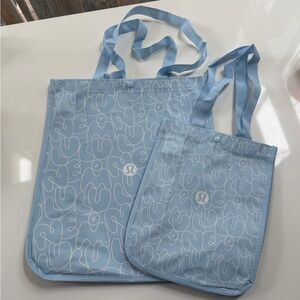 NWOT Lululemon Reusable Pastel Blue Graphic SMALL & LARGE Bag/Tote - Lot Of 2